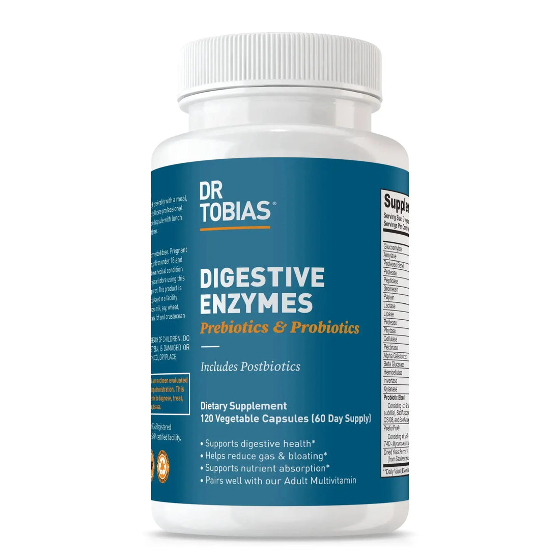 Dr. Tobias Digestive Enzymes - 120 Capsules, 60 Servings (2 Daily) | Includes Probiotics, Prebiotics and Postbiotics Bromelain, Amylase, Lipase, for Better Digestion &amp; Immune Function.