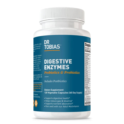 Dr. Tobias Digestive Enzymes - 120 Capsules, 60 Servings (2 Daily) | Includes Probiotics, Prebiotics and Postbiotics Bromelain, Amylase, Lipase, for Better Digestion &amp; Immune Function.