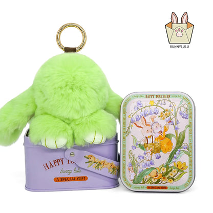 【Bunnylulu】Handmade Bunny Pompom Keychain with Tin Box, Summervibes Graduation Gift for Friends &amp; Students, Stress-Relief Charm, Keepsake Gift
