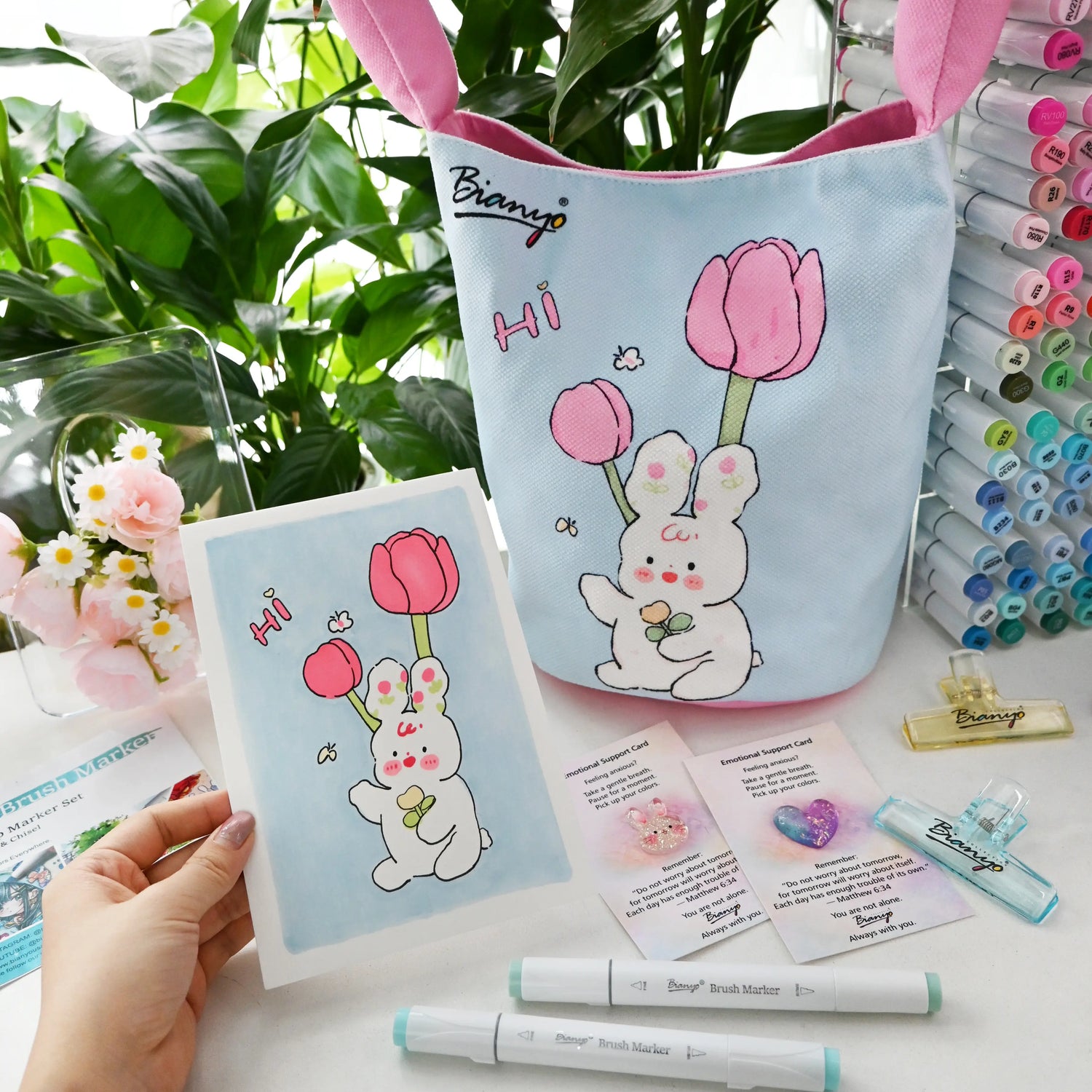 Bianyo Kawaii Bunny Tote Bag, Cute Canvas Bag Large Capacity Organizer for Pens, Art Supplies, Makeup, Travel Essentials, Aesthetic Gift for Girls &amp; Creators
