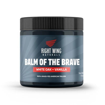 Right Wing Naturals Balm of the Brave – Grass-Fed Beef Tallow Men’S Balm (4 Oz) – Rugged Moisture for Hands, Face, Beard &amp; Scars – American-Made – Scents: White Oak &amp; Vanilla or Tobaco Woods – No Chemicals, No Compromise