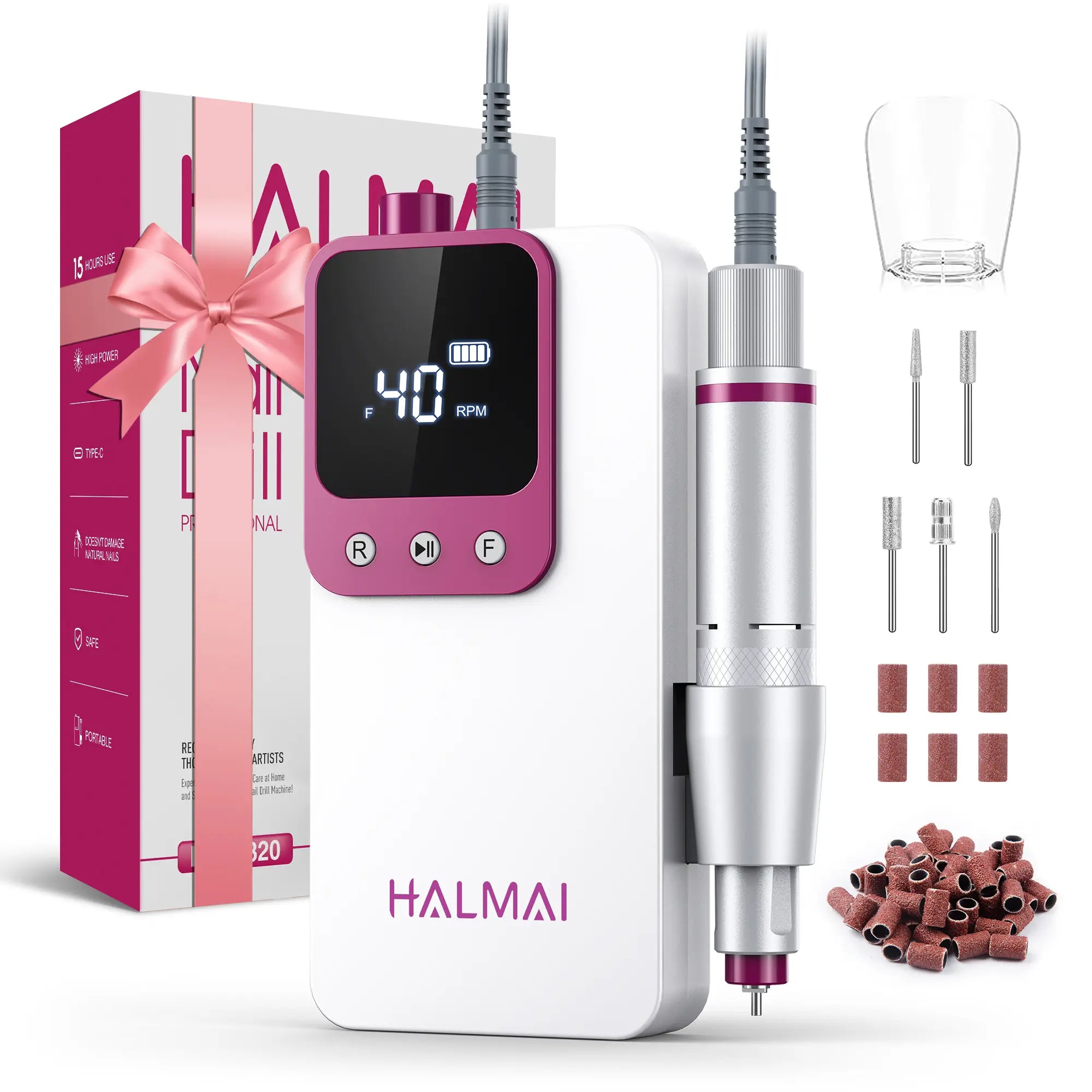 HALMAI Ultra Power Nail Drill: Professional Cordless Electric File for Acrylic &amp; Gel Nails, Ultra Powerful Motor Engineered by HALMAI, Vibration Free for Superior Natural Nail Care, 10 Second Gel Removal