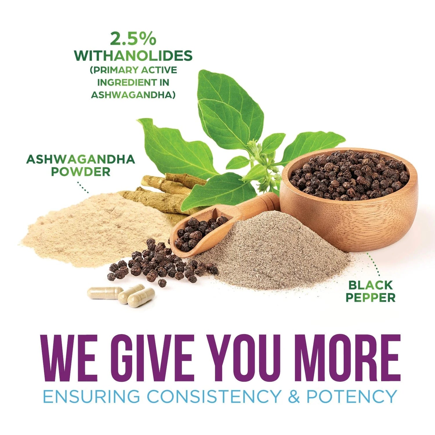 Ashwagandha Supplements - High-Absorption Ashwagandha Root Extract Powder with Black Pepper for Max Absorption - Herbal Supplement for Women &amp; Men, Vegan &amp; Gluten Free, Bottled in USA - 60 Capsules