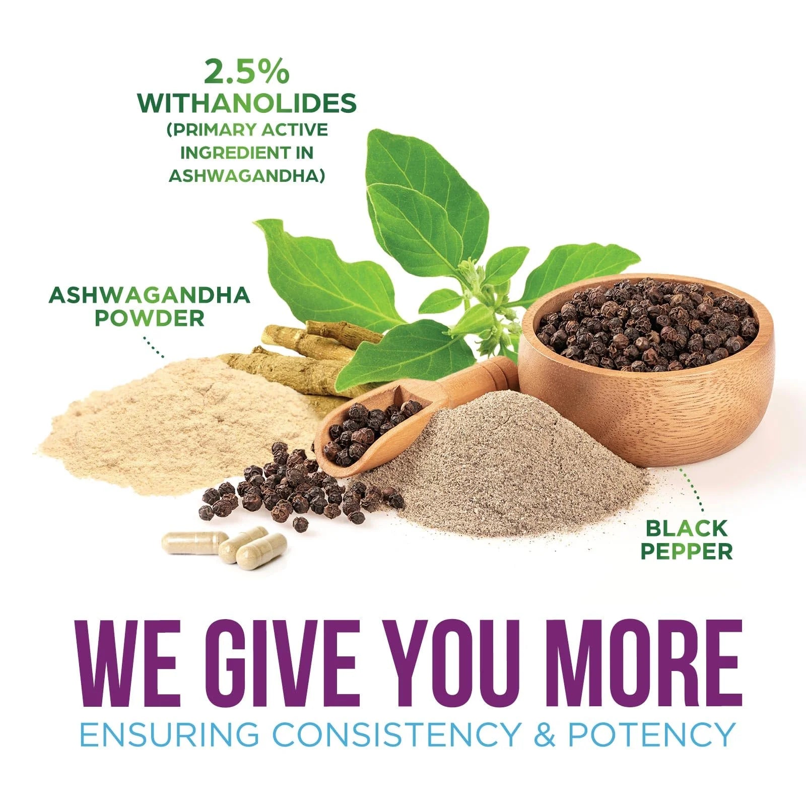 Ashwagandha Supplements - High-Absorption Ashwagandha Root Extract Powder with Black Pepper for Max Absorption - Herbal Supplement for Women &amp; Men, Vegan &amp; Gluten Free, Bottled in USA - 60 Capsules