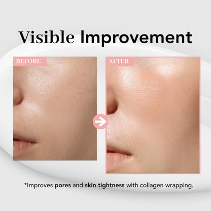 Visible improvement before and after using collagen elastin hydrating mask showing enhanced skin tightness and reduced pores.