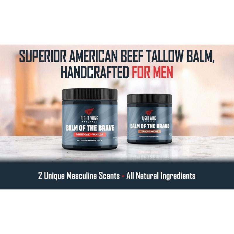 Right Wing Naturals Balm of the Brave – Grass-Fed Beef Tallow Men’S Balm (4 Oz) – Rugged Moisture for Hands, Face, Beard &amp; Scars – American-Made – Scents: White Oak &amp; Vanilla or Tobaco Woods – No Chemicals, No Compromise