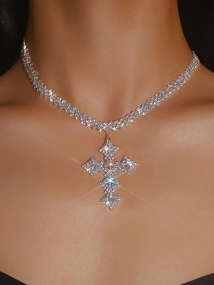 Elegant Luxury Rhinestone Decor Cross Statement Necklace for Women, Gorgeous Matching Necklace, Chic Jewelry for Party, Daily Clothing Decor, Rhinestone Decorated Necklace, Cross Necklaces