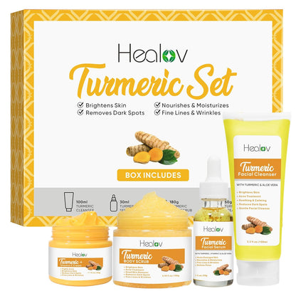 Turmeric Skincare Set – Turmeric Face Cleanser, Body Scrub, Cream &amp; Facial Serum – Skin Brightening Hyperpigmentation Treatment, Dark Spot Corrector – Skincare Kit for a Glowing Complexion