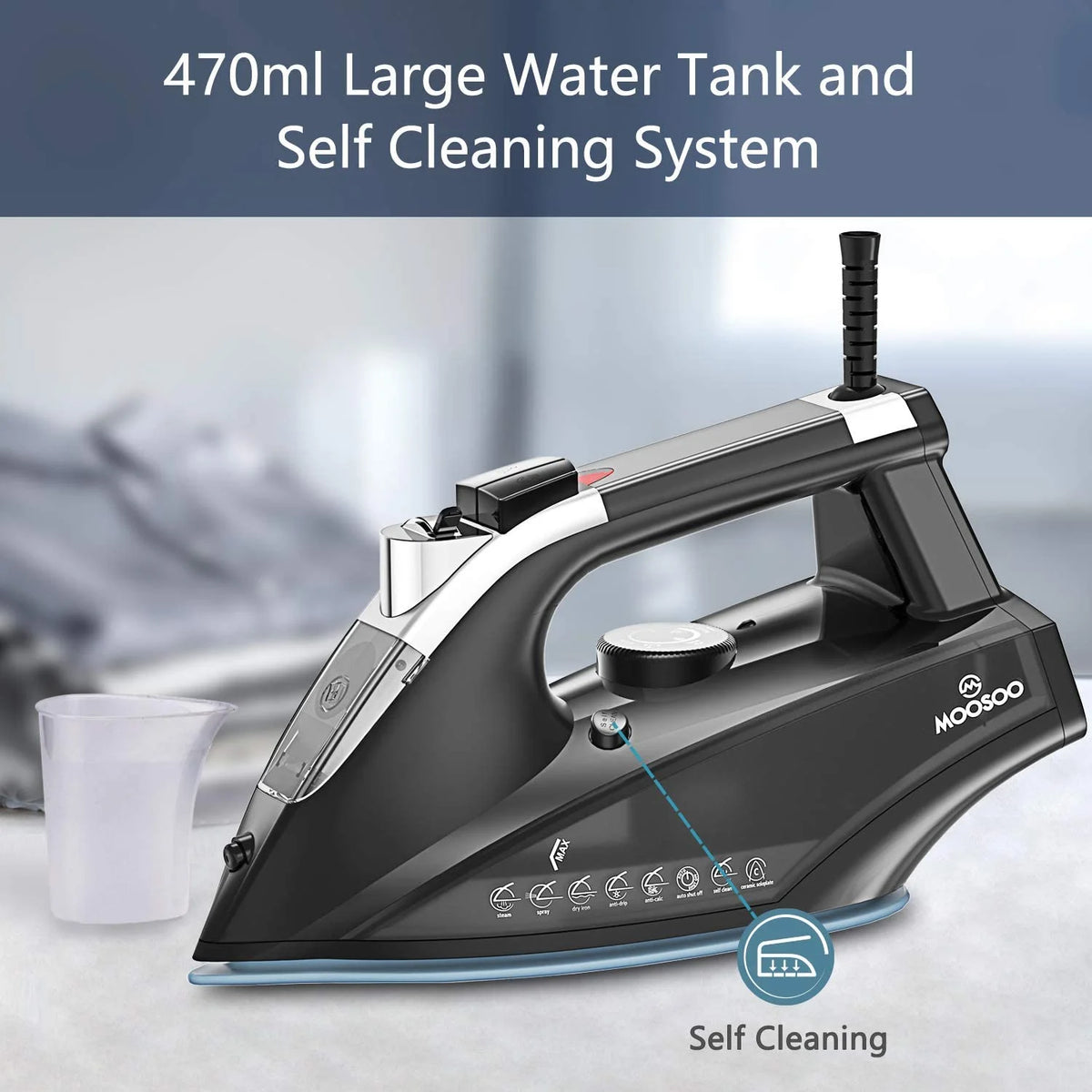 1800W steam iron with anti-drip system features a 470ml large water tank and self-cleaning system.