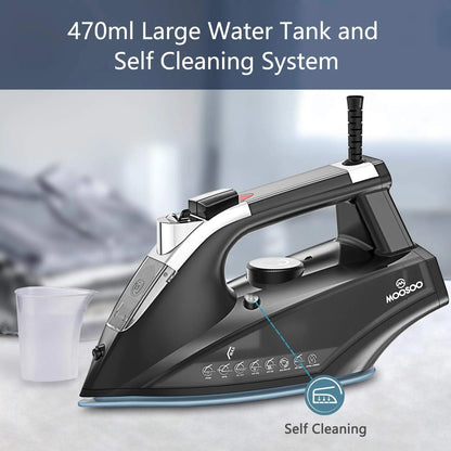 1800W steam iron with anti-drip system features a 470ml large water tank and self-cleaning system.