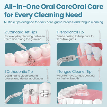 All-in-one oral care image showing multiple tips for daily cleaning needs, including standard and specialized tips for gums and braces.
