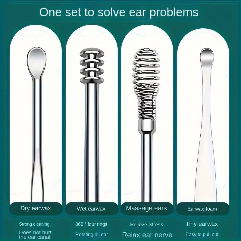 6Pcs Stainless Steel Ear Wax Removal Tool Set Spiral Rotating Earpicking Spoon Ear Picker Spoon for Cleaning Collecting Ear Wax
