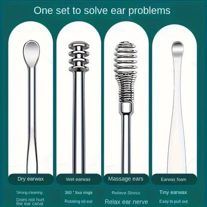 6Pcs Stainless Steel Ear Wax Removal Tool Set Spiral Rotating Earpicking Spoon Ear Picker Spoon for Cleaning Collecting Ear Wax