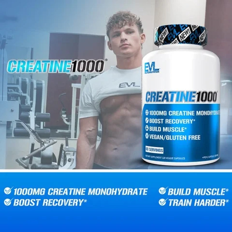 (2 Pack) Creatine Monohydrate Pills 120Ct - EVL Nutrition Muscle Builder &amp; Recovery Supplement - Creatine Capsules 1000Mg