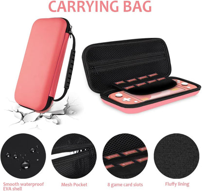 Geeric 8PCS Case Compatible with Switch Lite, Carrying Case Accessories Kit, 1 Soft Silicon Case + 2 Screen Protector + 4 Thumb Caps + 1 Storage Carrying Coral