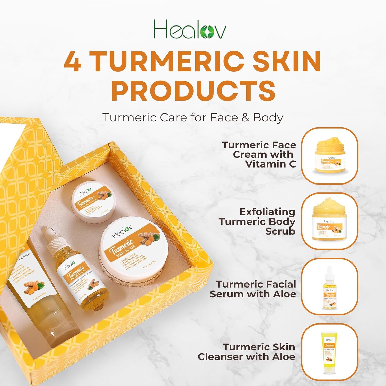 Turmeric Skincare Set – Turmeric Face Cleanser, Body Scrub, Cream &amp; Facial Serum – Skin Brightening Hyperpigmentation Treatment, Dark Spot Corrector – Skincare Kit for a Glowing Complexion