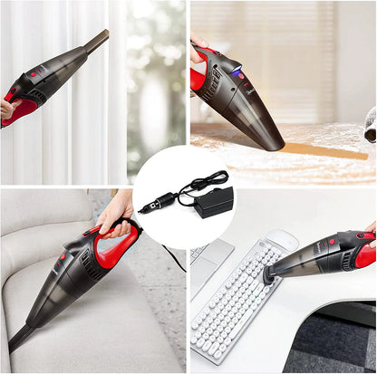 Car Vacuum Cleaner Portable in action, cleaning various surfaces at home and in the car with strong suction.
